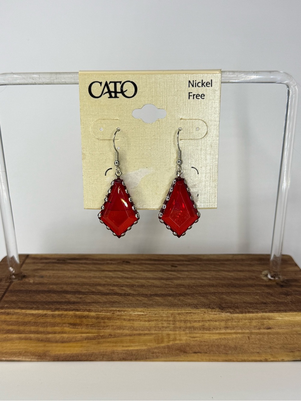 Cato Acrylic Red Faceted Teardrop Drop Earrings with Silver Trim